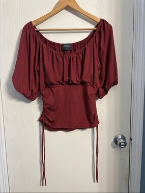Weekday Burgundy Off-Shoulder Puff-Sleeve Ruched Tie Blouse
